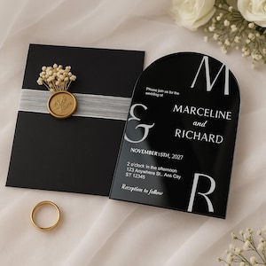 ブラックミラーアクリル製結婚式招待状セット（封筒とワックスシール付き） - エレガントでモダンなプレキシガラス製招待状