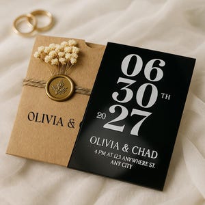 Convite de casamento de acrílico preto de luxo – Cartão de acrílico espelhado personalizado com envelope – Conjunto de convites de casamento modernos e formais