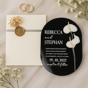 Personalisierte schwarze Acrylhochzeitseinladung - Elegante, moderne Blumenhochzeitseinladung, benutzerdefinierte Spiegel-Plexiglas-Einladungen für Gäste
