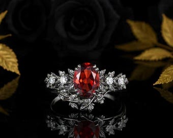 Oval Cut Natural Garnet Punk Engagement Ring, Rhodium Black Gold Nature Inspired Bridal Set, Gothic Maple Leaf Witchy Promise Ring for Women