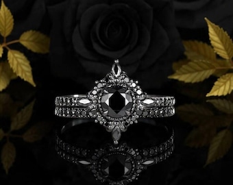 Gothic Round Shape Black Moissanite Halo Engagement Ring Punk Rhodium Black PeekaBoo Witchy Promise Ring Unique Wedding Bridal Ring Set