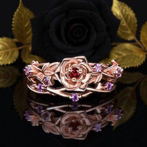Flower Leaf Red Ruby Engagement Ring Set Nature Inspired Branch Vine Amethyst Wedding Ring 10k Rose Gold July Birthstone Promise Bridal Set