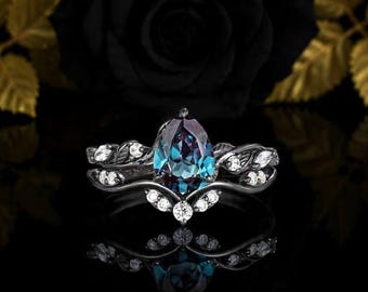 Pear Alexandrite Goth Engagement Ring Rhodium Black Gold Alexandrite Wedding Bridal Set Twig Leaf June Birthstone Witchy Promise Ring Set