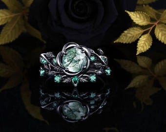 Anillo de compromiso redondo de ágata musgosa con hojas vintage y diseño floral, alianza de boda de oro negro, anillos naturales de promesa nupcial, regalos de boda para mujer.