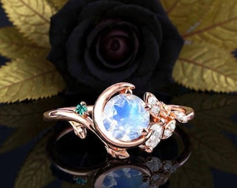 Vintage Moonstone Engagement Ring Solid 14k Rose Gold Ring Bridal Promise Ring Nature Inspired Crescent Moon Ring Unique Branch Leaf Ring