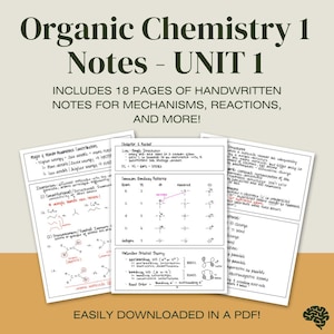 Puede incluir: Descarga digital de Notas de Química Orgánica 1, Unidad 1, con 18 páginas de notas manuscritas. Las notas cubren mecanismos, reacciones y más. El texto es en tinta negra sobre papel blanco. Descarga en PDF.