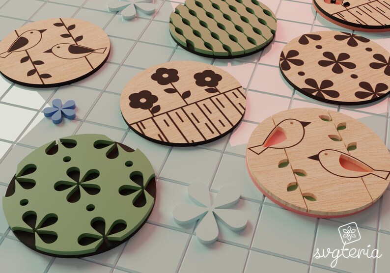 May include: A collection of wooden coasters with various designs, including birds, flowers, and geometric patterns. The coasters are round and feature a natural wood grain with black and green accents. Decorative floral and bird accents are also present.