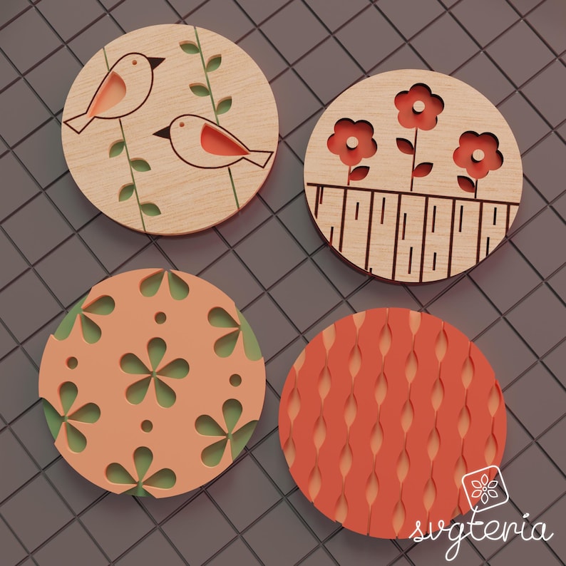 May include: Four round wooden coasters with decorative designs. One coaster features two birds on a branch, another has flowers, a third has a floral pattern, and the last has a wavy design. The coasters are in shades of orange, green, and natural wood.