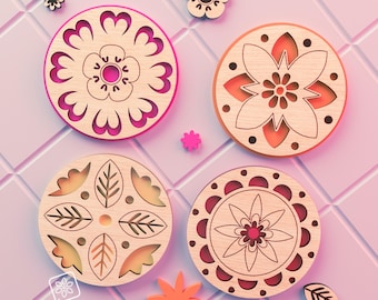 Geometric Coaster SVG Set, 4 Scandinavian Folk Art Laser Cut Files for Glowforge, Boho Wall Decor, Wood Coaster Design Bundle