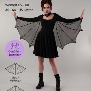 Puede incluir: Patrón de costura en PDF Nyx Bat Wing Dress para tallas XS-3XL en formatos A0, A4 y US Letter. El patrón incluye un vestido negro con mangas de ala de murciélago, disponible en largo a la cadera View A y largo a la rodilla View B.