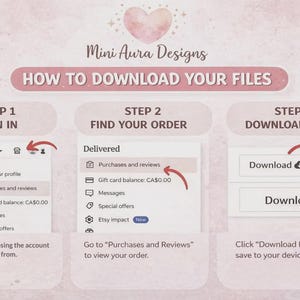 May include: A pink and white graphic with instructions on how to download files from Etsy. The steps include signing in, finding the order, and downloading the files. The image includes the text "Mini Aura Designs".