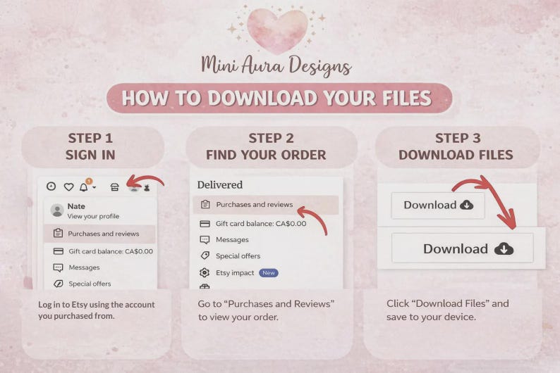 May include: A pink and white graphic with instructions on how to download files from Etsy. The steps include signing in, finding the order, and downloading the files. The image includes the text "Mini Aura Designs".