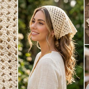 May include: A collection of images showcasing a cream-colored, crocheted head covering. The head covering is worn by a person in two images. Additional images show the head covering folded and a close-up of the crochet pattern. The crochet pattern is open and airy.