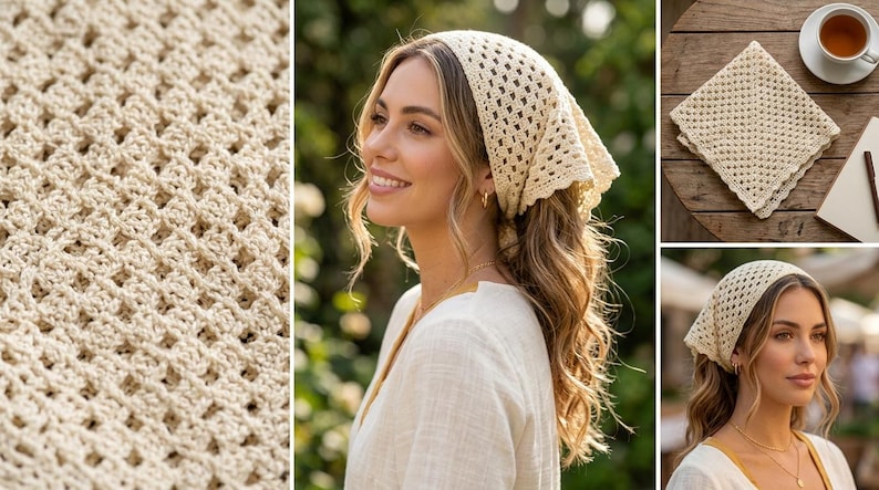 May include: A collection of images showcasing a cream-colored, crocheted head covering. The head covering is worn by a person in two images. Additional images show the head covering folded and a close-up of the crochet pattern. The crochet pattern is open and airy.