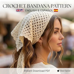 Spanish Crochet Bandana Pattern – Granny Stitch Triangle Scarf, Boho Hair Accessory (PDF Download)