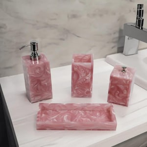 Handmade Pink Resin Bathroom Set | 4-Piece Elegant Bath Accessory Set | Modern Vanity Decor | GoyalHandicraftsArt