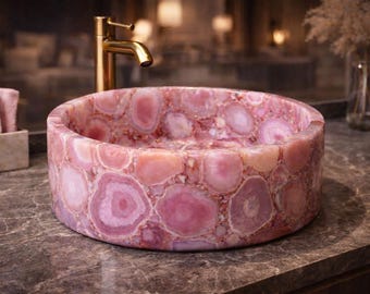 Lavabo de ágata rosa hecho a mano: Lavabo redondo de piedra de lujo, decoración moderna para el baño (solo lavabo)