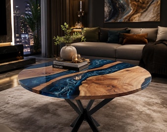 Blue Epoxy River Coffee Table, Round Walnut Wood Resin Table, Handmade Live Edge Coffee Table, Modern Luxury Center Table