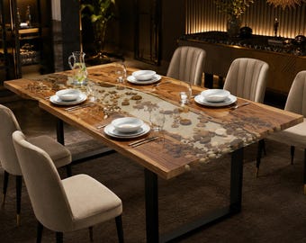 White Epoxy Resin River Dining Table, Handmade Wood Table, Live Edge Resin Table, Modern Luxury Dining Room Table