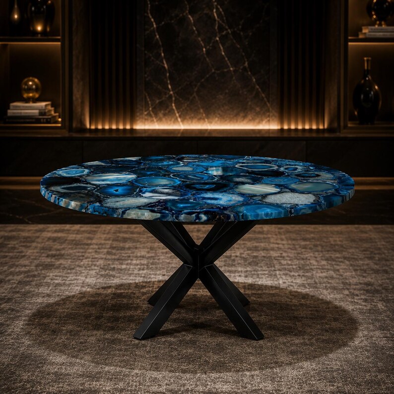 Premium agate stone cocktail table designed to elevate upscale home décor with natural beauty.
Artisan-crafted gemstone furnishing featuring hand-selected blue agate sections and refined detailing.