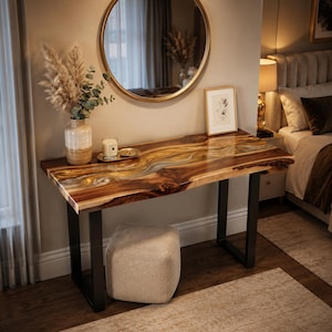 Epoxy Console Table Walnut Wood Gold Resin River Entryway Furniture Luxury Bedroom Accent