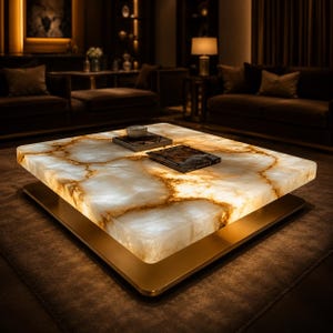 Backlit White Quartz Agate Coffee Table, Square Golden Base Luminous Luxury Center Table for Living Room, Translucent Gemstone Furniture