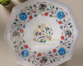 Florale Pietra Dura Marmor Tischplatte | Handgefertigtes Stein Inlay 45x45cm