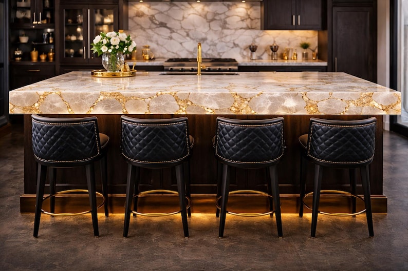 white quartz kitchen island table high end luxury dining setup

modern quartz slab dining table with golden resin detailing