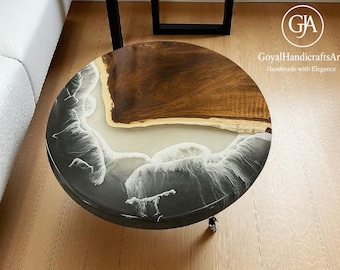 Mesa de centro de río hecha a mano / Madera redonda y resina epoxi, arte moderno