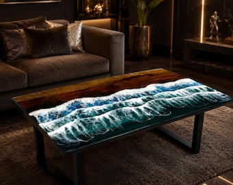 Ocean Wave Epoxy Resin Coffee Table Handmade Coastal Beach Wood Resin Living Room Center Table Modern Ocean Art Furniture