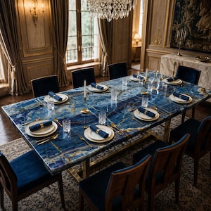 May include: A luxurious dining table with a striking blue and gold patterned surface. The table is set for a formal dinner with white plates, gold silverware, and blue napkins. The room features elegant decor, including a chandelier and velvet chairs.