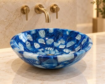 Lavabo de ágata azul hecho a mano / Lavabo de piedra pulida, tonos cobalto (solo lavabo)