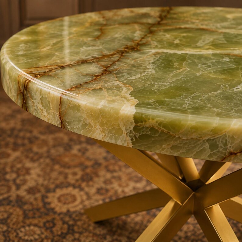 Custom natural onyx top featuring elegant coloration for designer interior projects
Polished green mineral slab crafted as luxurious handmade furniture surface