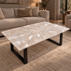 Tablero de mesa de centro de selenita hecho a mano / Diseño de incrustaciones de cristal en forma de sol (solo el tablero)