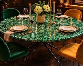 Green Agate Dining Table, Round Agate Stone Table, Luxury Handmade Dining Room Furniture, Crystal Gemstone Table Top