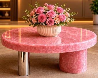 Pink Rose Quartz Round Stone Coffee Table for Living Room