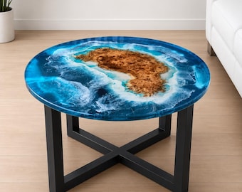 Round Ocean Epoxy Coffee Table Blue Resin Live Edge Wood River Table Luxury Deep Sea Wave Coffee Table for Living Room decor