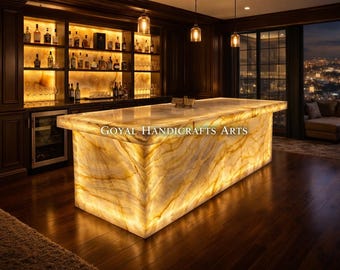 Balcão de bar em ônix branco: Mesa de ilha de luxo com iluminação traseira, mobiliário de design moderno [apenas o tampo]