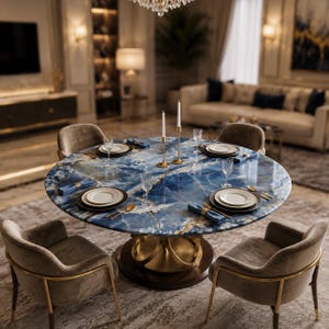 Könnte beinhalten: Ein ovaler Esstisch mit blau-gold gemusterter Tischplatte, gedeckt mit Tellern, Besteck und Servietten. Vier gepolsterte Stühle umgeben den Tisch. Zwei goldene Kerzenhalter mit brennenden Kerzen stehen auf dem Tisch.