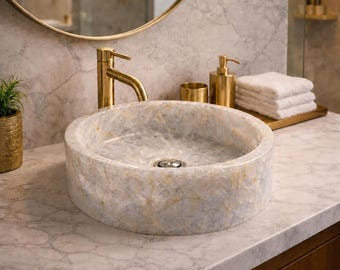 Lavabo de piedra natural, lavabo redondo de mármol para baño, lavabo de encimera de ónix hecho a mano, lavabo de tocador de lujo para baño (solo lavabo).