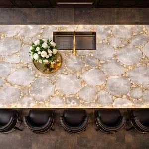 white quartz, natural quartz stone, engineered quartz, gold resin inlay, epoxy resin, polished quartz surface, stone slab, reinforced base wood, hardwood frame, protective coating, luxury finish, durable resin, handcrafted stone