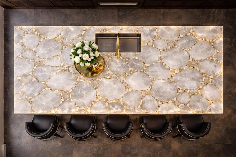 white quartz, natural quartz stone, engineered quartz, gold resin inlay, epoxy resin, polished quartz surface, stone slab, reinforced base wood, hardwood frame, protective coating, luxury finish, durable resin, handcrafted stone