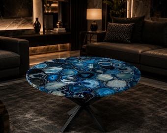 Mesa de centro redonda de ágata azul, mesa de piedra de ágata, mesa de centro de lujo con piedras preciosas, mesa de centro de ágata natural con base de metal.