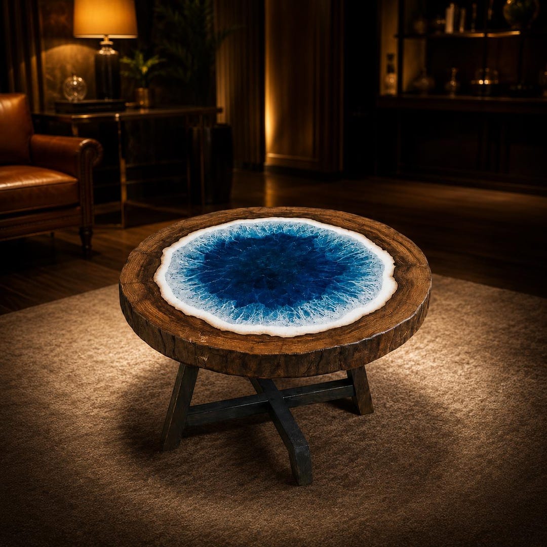 手作り ハンドメイド コーヒーテーブル アルミ×ウッド インテリア ブルーオーシャン樹脂製ラウンドコーヒーテーブル、ライブエッジ