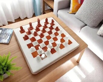 Handcrafted Red Onyx Marble Chess Table Top | Luxury Chess Board Set | Game Room Decor Gifts