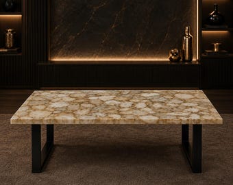 Beige Agate Coffee Table Natural Agate Stone Coffee Table Luxury Living Room Center Table With Black Metal Base