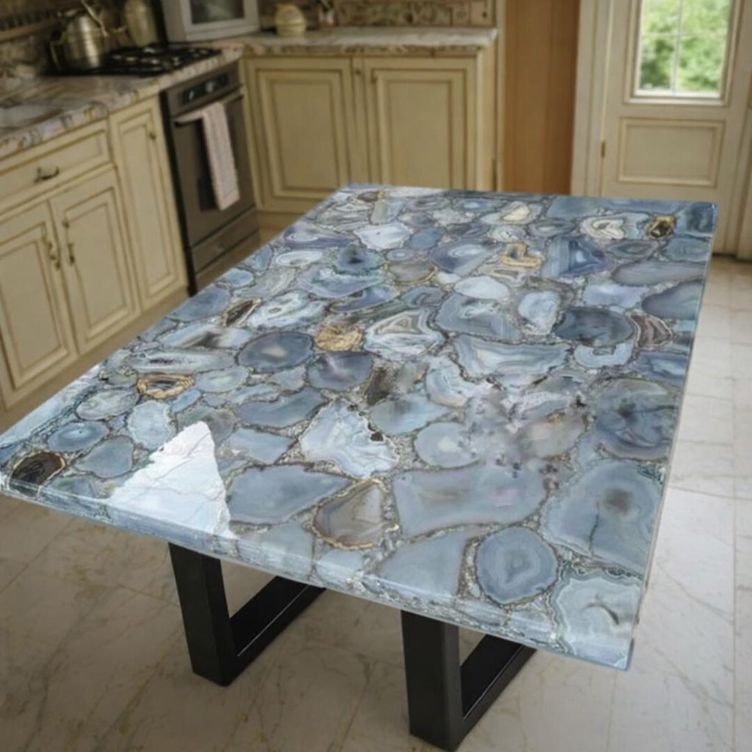 Quartz Inlay Handmade Grey Agate Coffee Table, Quartz Inlay, Black Pedestal Base - Etsy