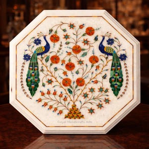 Marble Inlay Peacock Table, Pietra Dura Floral Art Top, Luxury Handcrafted Decor, Octagon Coffee Surface, Gemstone Mosaic Furniture