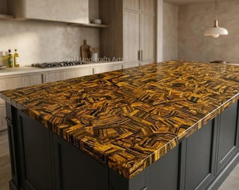 Tiger Eye Stone Countertop Luxury Kitchen Island Top Handmade Golden Gemstone Slab Custom Dining Table Modern Home Decor