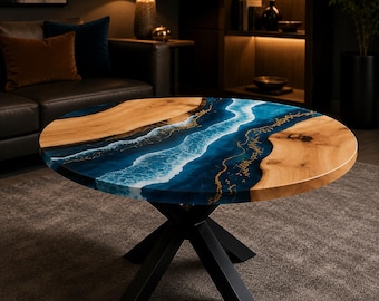Ocean Wave Epoxy Resin Coffee Table, Round Wood Resin River Table, Handmade Coastal Coffee Table, Modern Living Room Center Table